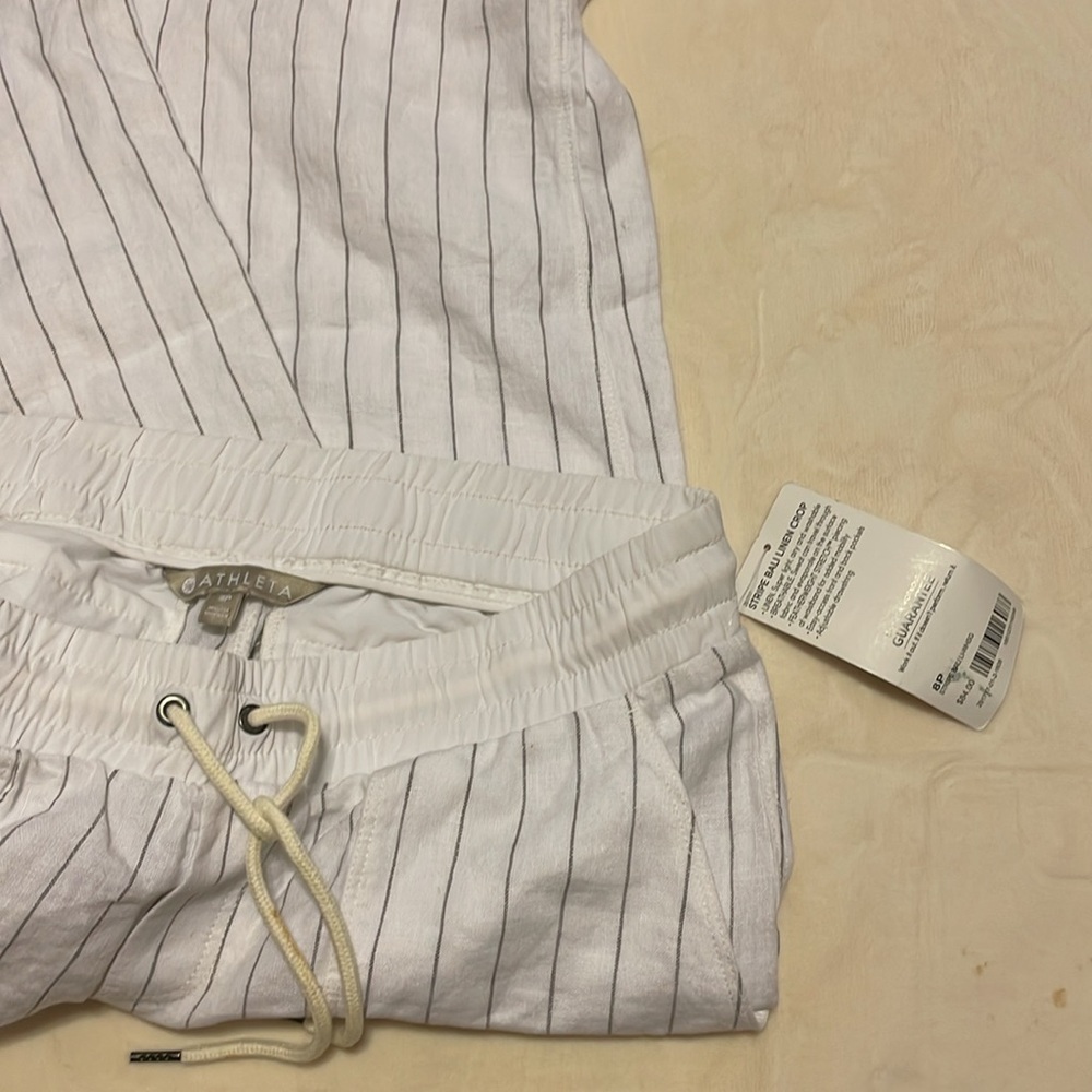 Athleta Linen Striped Bali Cropped Pants Womens Size 8P White Drawstring Sheer - Picture 4 of 7